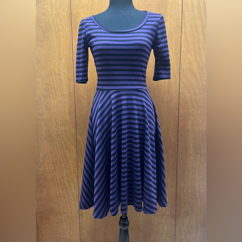 LuLaRoe Purple and Black Striped Midi Dress
